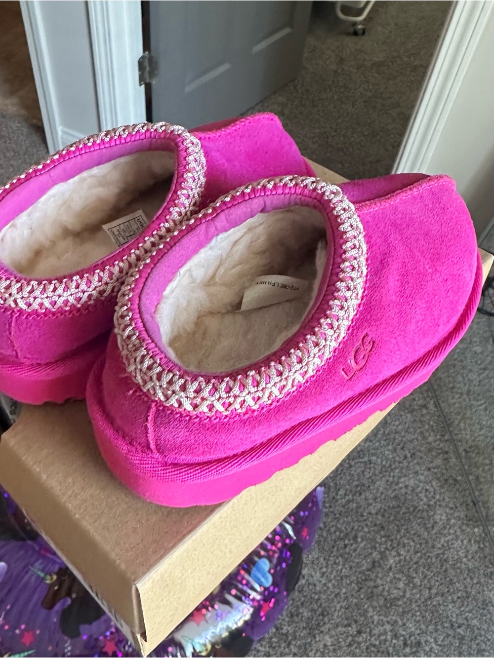UGG Kids Bright Pink Suede Slip-On Slippers with Braided Trim